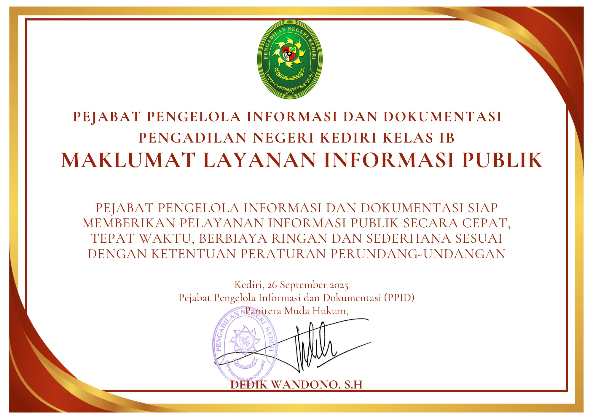 Pejabat Pengelola Informasi dan Dokumentasi Pengadilan Negeri Kediri Kelas I-B