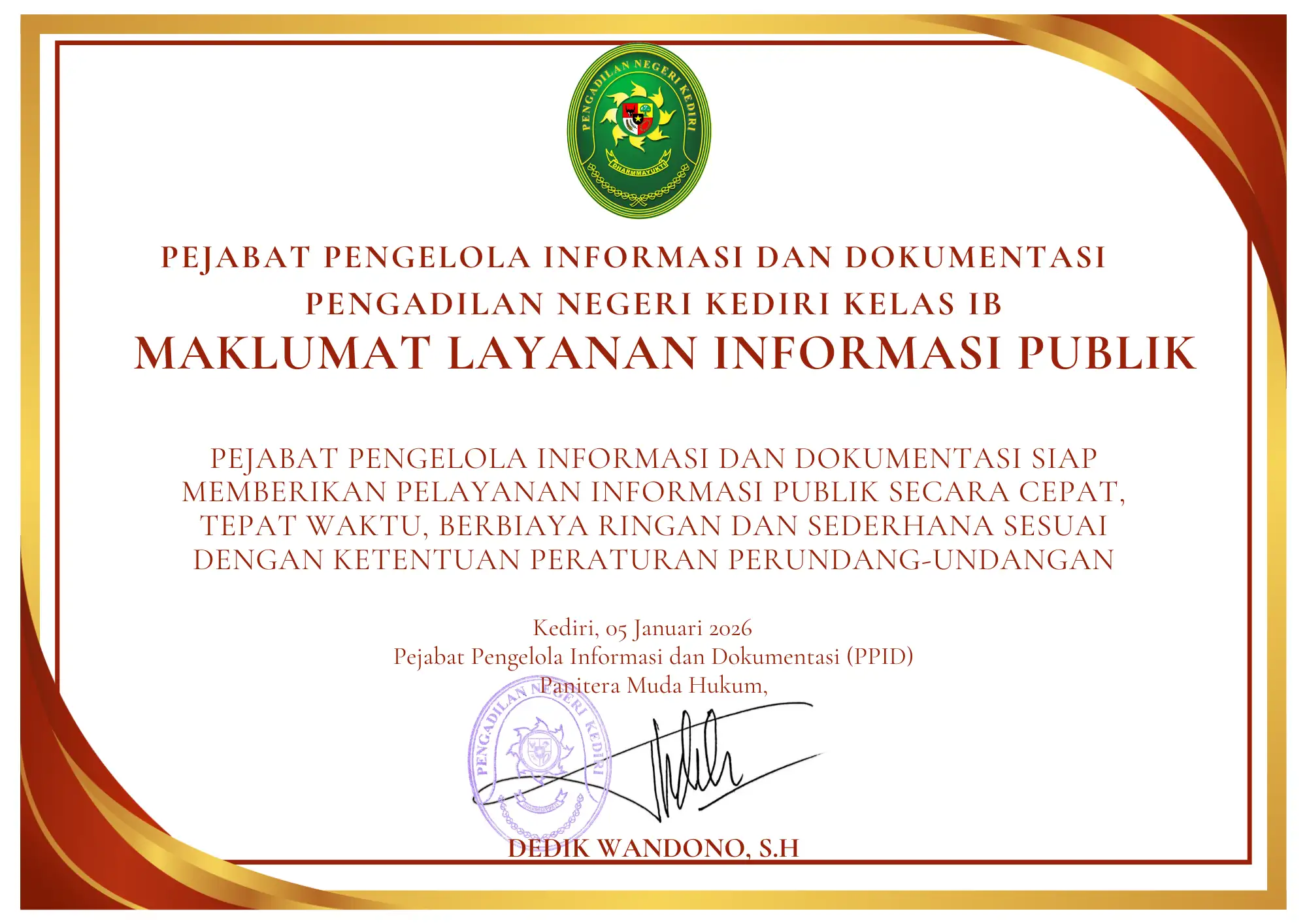 Pejabat Pengelola Informasi dan Dokumentasi Pengadilan Negeri Kediri Kelas I-B